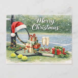 Cartão Postal De Festividades Ténis Natal com Raquete e bola no court