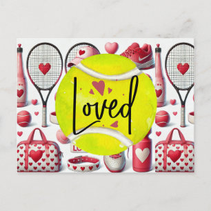 Cartão Postal De Festividades Tennis Love temático em vermelho e branco com cora