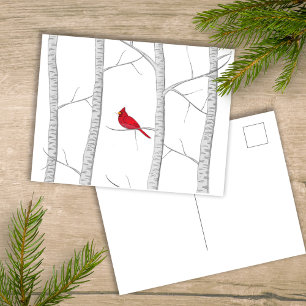 Cartão Postal De Festividades Terra de inverno Árvore Rústica do Cardeal Verme