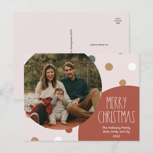 Cartão Postal De Festividades Terracotta Red Boho Bolinhas Natal Uma Foto (Frente/Verso)