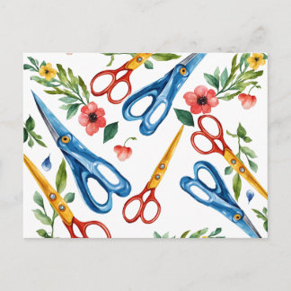 Cartão Postal De Festividades Tesoura Aquarela & Flores Silvestres Padrão Sem Co