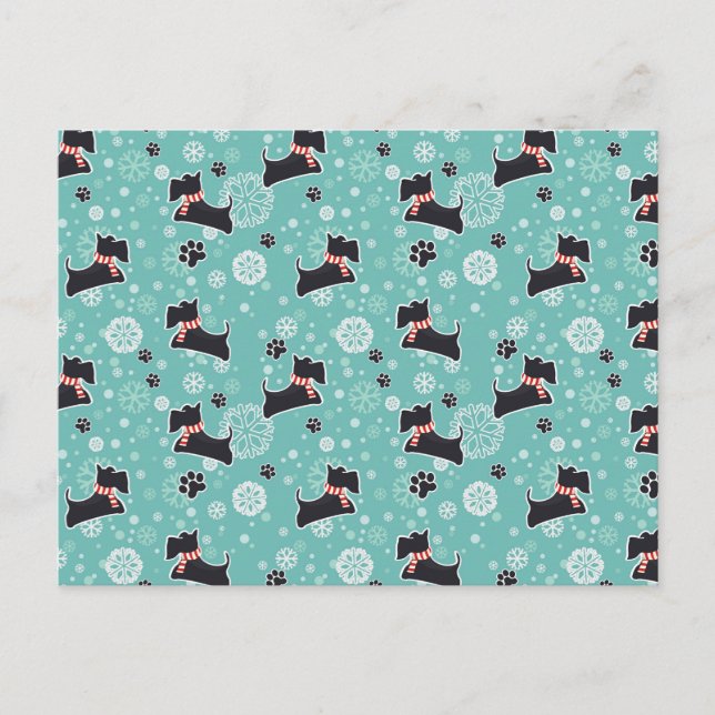 Cartão Postal De Festividades Teste padrão nevado do Natal do cão do Scottie (Frente)