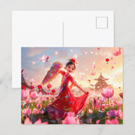 Cartão Postal De Festividades Tia da Garota Cômica com Ventilador Tradicional