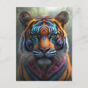 Cartão Postal De Festividades Tigre Majestoso com Tinta Tribal Vibrante