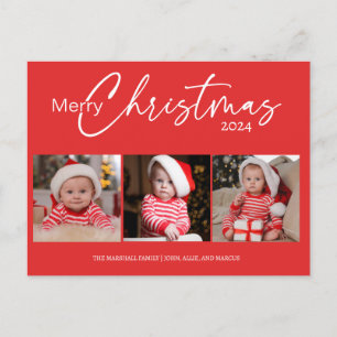 Cartão Postal De Festividades Tipografia de Colagem de Fotos de Natal Vermelho 2