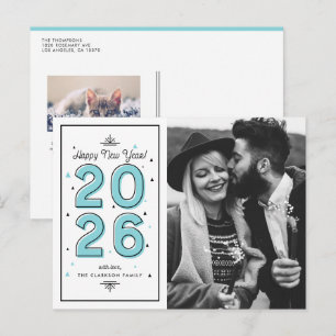 Cartão Postal De Festividades Tipografia Geométrica Azul Aqua Foto de Ano Novo
