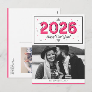 Cartão Postal De Festividades Tipografia Geométrica Rosa Vibrante Foto Feliz Ano