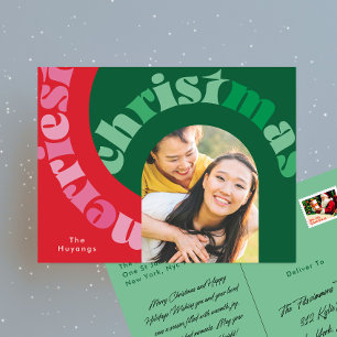 Cartão Postal De Festividades Tipografia Oval Vermelho Intenso Verde Uma Foto Na