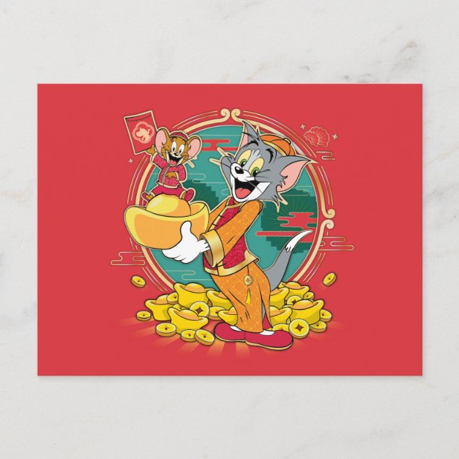 Cartão Postal De Festividades Tom & Jerry Ano novo Envelope Vermelho (Frente)