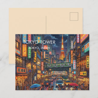 Cartão Postal De Festividades Torre de Tóquio à Noite Arte de Viagem