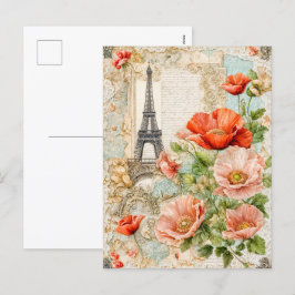 Cartão Postal De Festividades Torre Eiffel com flores de Red Poppy