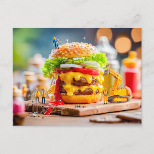 Cartão Postal De Festividades trabalhadores miniatura construindo cheeseburger c