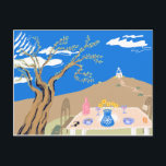 Cartão Postal De Festividades Travel keepsake Greek afternoon olive tree scene<br><div class="desc">Original hand drawn illustration of Mediterranean afternoon with wine and coffee scenery, travel keepsake decor for backpackers. travelers and slow living lovers. Homely scenery with table set under an olive tree with a small chapel on a hill in the background on a sunny day with blue sky. Great as a...</div>