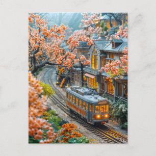 Cartão Postal De Festividades Trem de mola em miniatura sob árvores de cerejeira