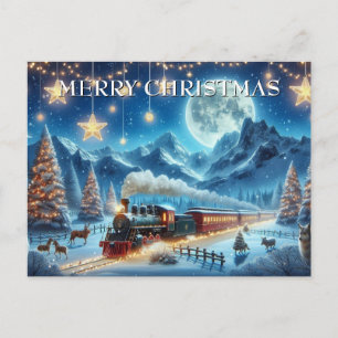 Cartão Postal De Festividades Trem de Natal ao Luar com Animais da Floresta