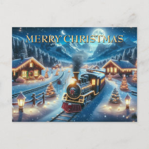 Cartão Postal De Festividades Trem de Natal Através da Aldeia Nevada à Noite