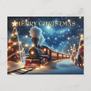 Cartão Postal De Festividades Trem de Natal sob o Céu Estrelado ao Luar