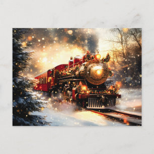 Cartão Postal De Festividades Trem Expresso de Natal Noturno Vintage com Neve