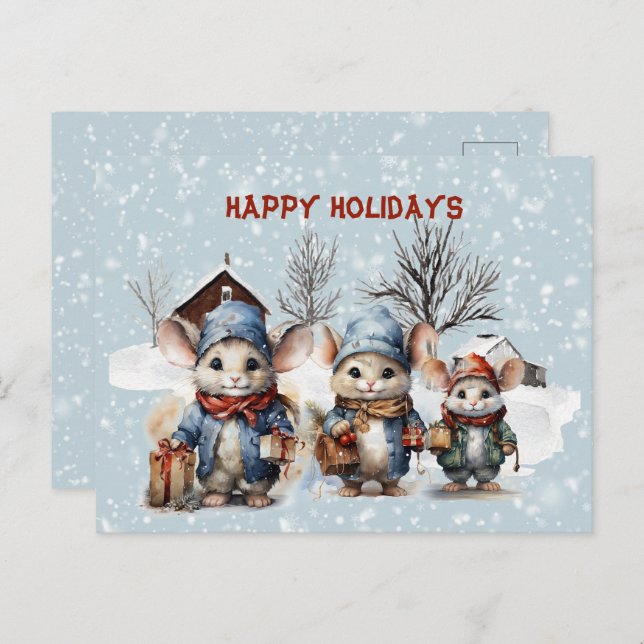 Cartão Postal De Festividades Três Camundongos Gelados Na Fazenda Felizes Feriad (Frente/Verso)