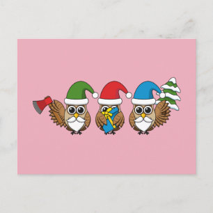 Cartão Postal De Festividades Três Corujas Engraçadas de Gnomo de Natal
