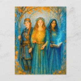 Cartão Postal De Festividades Três druidas Celtas com órbita brilhante