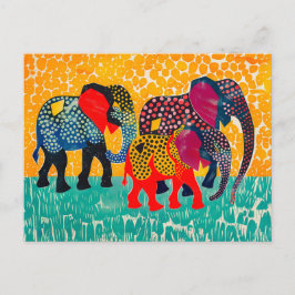 Cartão Postal De Festividades Três Elefantes Abstratos em Campo Amarelo Pontilha