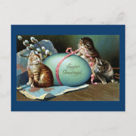 Cartão Postal De Festividades Três Gatos E Grande Ovo De Páscoa Azul