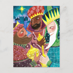 Cartão Postal De Festividades Três Reis Magos caprichosos com estrela e presente