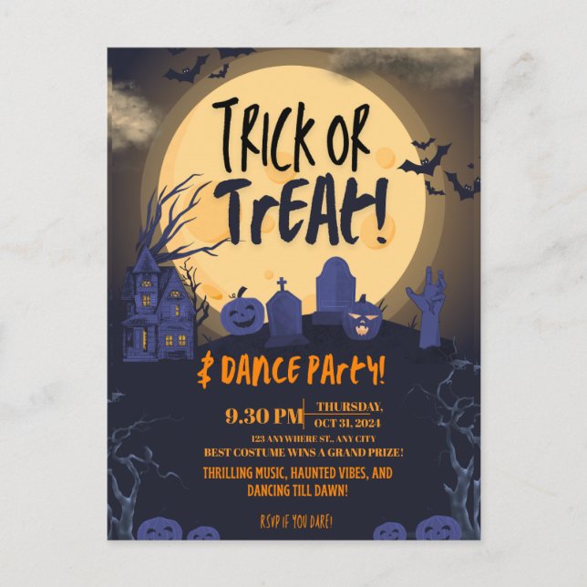 Cartão Postal De Festividades Trick or Treat Halloween Dance Party Invitation🎃 (Frente)