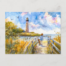 Trilha do farol com criança e aquarela de cachorro