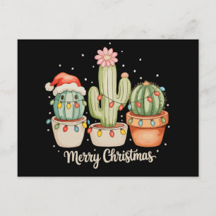 Cartão Postal De Festividades Trio de Cactus Chapéu de Papai Noel Luzes de Natal