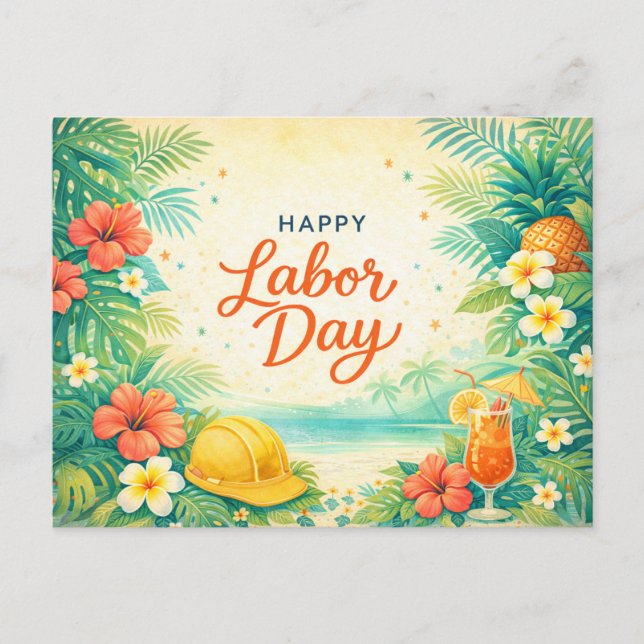 Cartão Postal De Festividades Tropical Beach Flowers Happy Labor Day (Frente)
