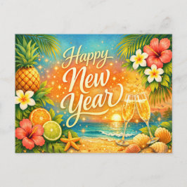Cartão Postal De Festividades Tropical Sunset Champagne Feliz Ano Novo