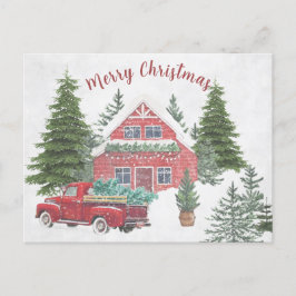 Cartão Postal De Festividades Truck Winter Snow House Árvore Vermelha de Natal