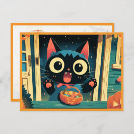 Cartão Postal De Festividades Truque de Gato Preto Cinto ou Trate o Halloween