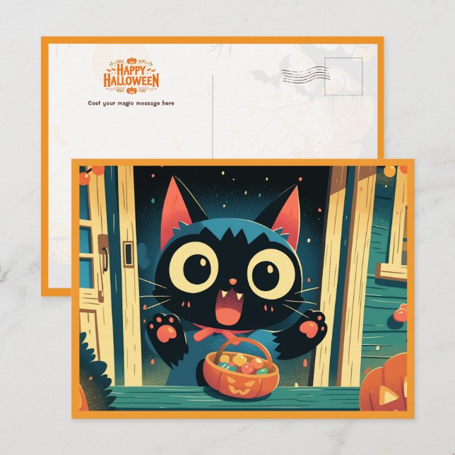 Cartão Postal De Festividades Truque de Gato Preto Cinto ou Trate o Halloween (Frente/Verso)