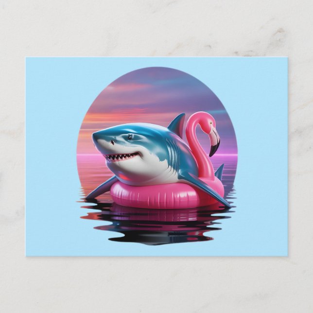 Cartão Postal De Festividades Tubarão Engraçado na Flamingo Piscina Float Vaporw (Frente)
