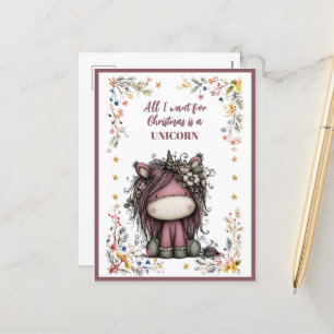 Cartão Postal De Festividades Tudo Que Quero no Natal É Um UNICÓRNIO