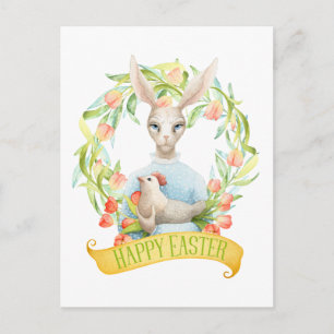 Cartão Postal De Festividades Tulip Wreath and Rabbit Happy Easter