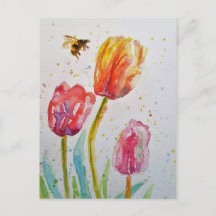 Cartão Postal De Festividades Tulipas Rosa Tulipas Floral Watercolor Art PostCar