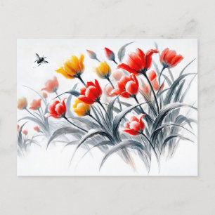 Cartão Postal De Festividades Tulipas Vermelhas e Brancas Pintura em Tinta Asiát