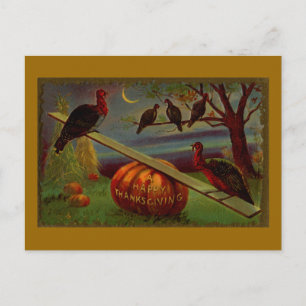 Cartão Postal De Festividades Turkeys Seesaw em Pumpkin Vintage Ação de Graças