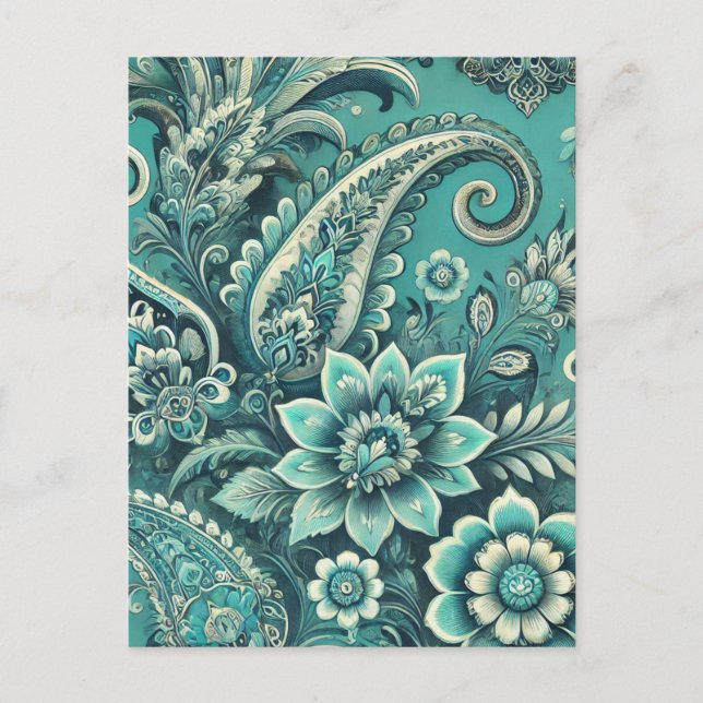 Cartão Postal De Festividades Turquoise Paisley Floral (Frente)