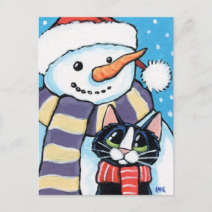 Cartão Postal De Festividades Tuxedo Cat e Carrot Nose Snowman Painting