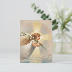 Cartão Postal De Festividades Um anjo no céu segurando lírios natal