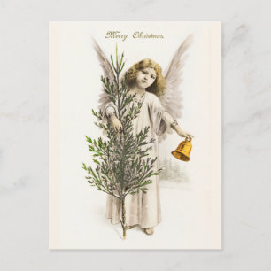 Cartão Postal De Festividades Um anjo segurando um sino de Natal Vintage Holiday