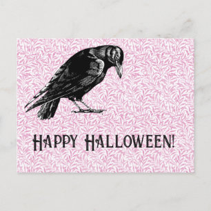 Cartão Postal De Festividades Um Corvo ou Raven Halloween Rosa e Preto