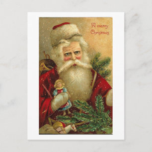 Cartão Postal De Festividades Um feliz Papai noel de Natal e um Cartão Doll