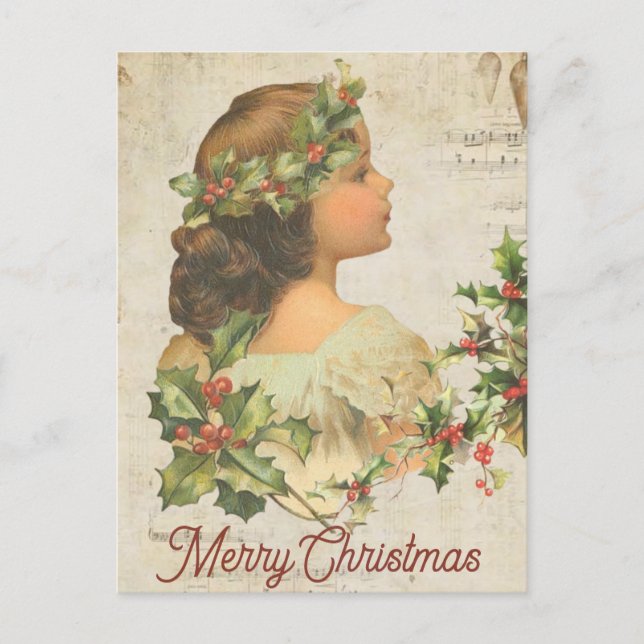 Cartão Postal De Festividades Um galho de Holly também é desenhado lá (Frente)