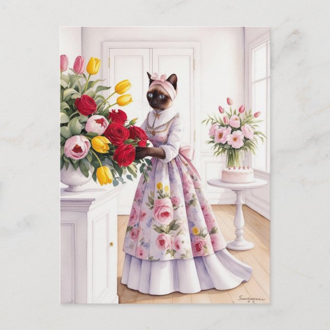 Cartão Postal De Festividades Um gato encantador arranja cuidadosamente uma bela (Frente)